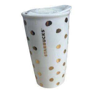 Starbucks 2014 Gold Dots White Ceramic Coffee Mug 12 oz Double Wall Ceramic Lid